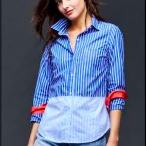 Gap Blue And White Striped Cotton Colorblock Button Down Shirt Size M